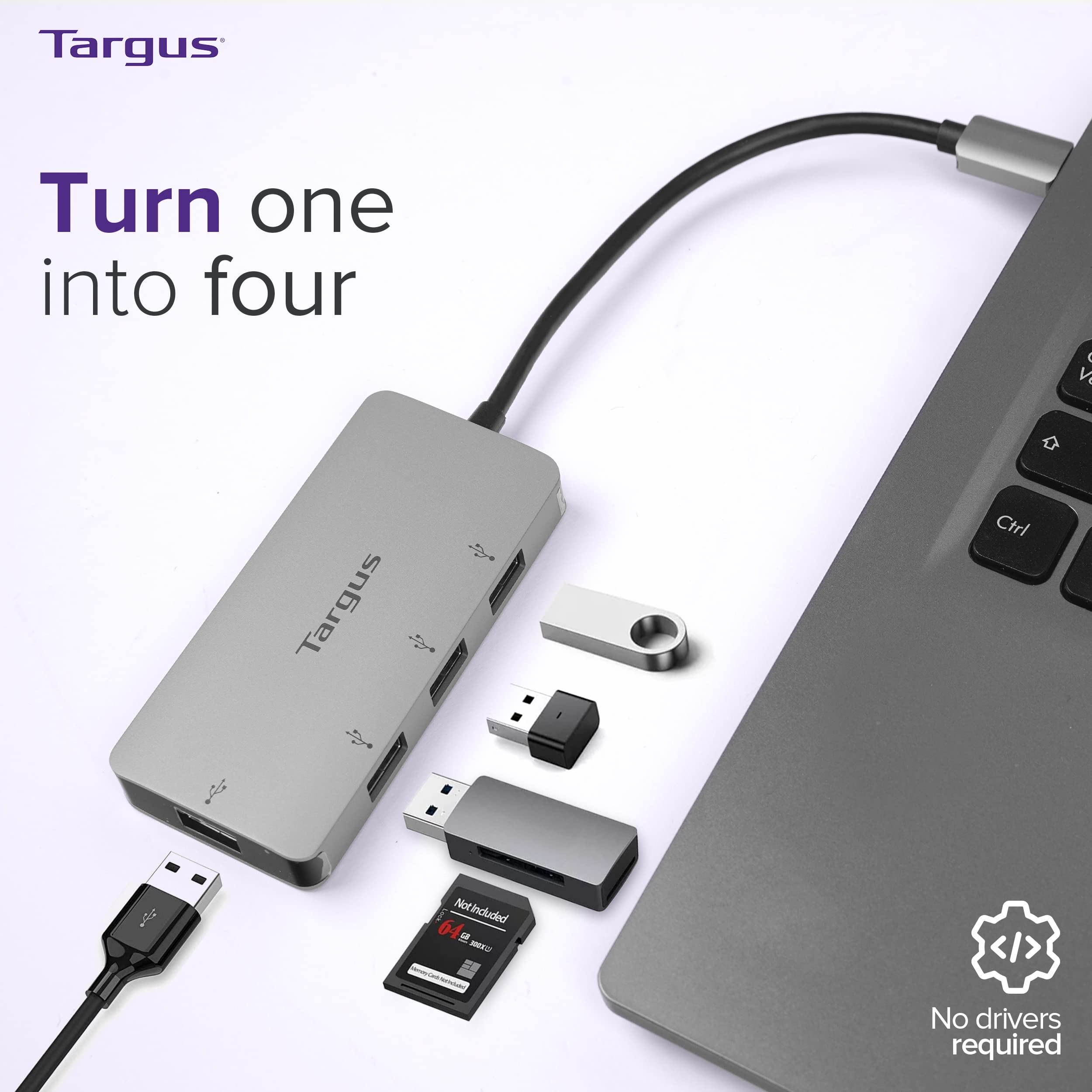targus-usb-c-to-4-port-usb-a-hub-gray-ach226eu image 2